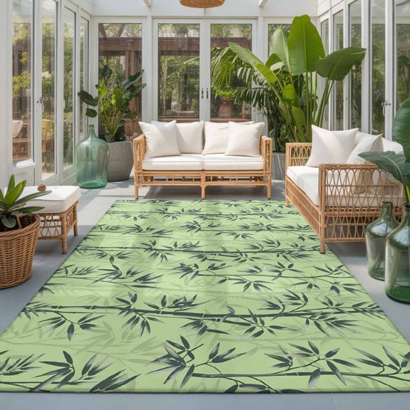 Rectangle Area Rug 6x9ft,Chinese Forest Plant Sketch Living Room Rug Non-Slip Washable Circle Rugs Pad,Botanical Leaves on Green Soft Floor Carpet for Bedroom Dining Room