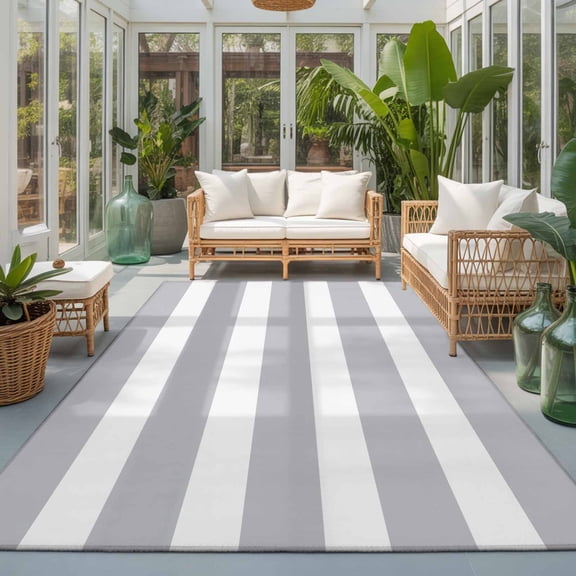 Rectangle Area Rug 6x9ft,Classic Light Grey and White Stripes Living Room Rug Non-Slip Washable Circle Rugs Pad,Modern Lines Soft Floor Carpet for Bedroom Dining Room