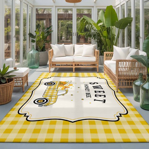 Rectangle Area Rug 6x9ft,Farm Honey Bee Daisy Truck Living Room Rug Non-Slip Washable Circle Rugs Pad,Country Yellow Buffalo Plaid Soft Floor Carpet for Bedroom Dining Room