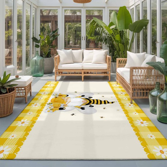 Rectangle Area Rug 6x9ft,Farm Honeybee Gnome Living Room Rug Non-Slip Washable Circle Rugs Pad,Daisy Flower Yellow Buffalo Plaid Soft Floor Carpet for Bedroom Dining Room