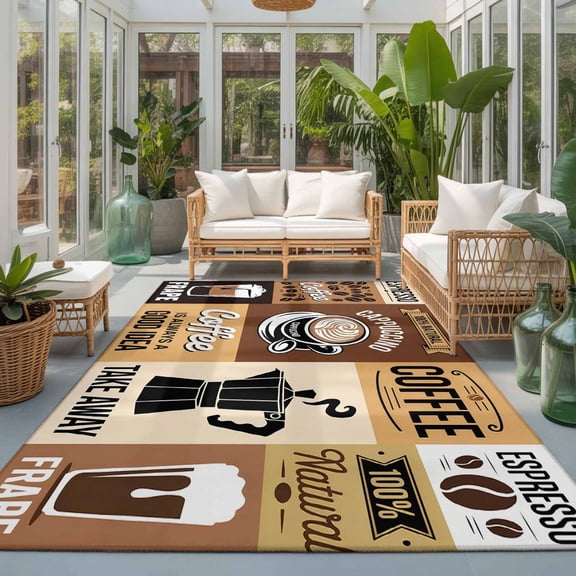 Rectangle Area Rug 6x9ft,Farmhouse Coffee Beans Cup Living Room Rug Non-Slip Washable Circle Rugs Pad,Modern Brown Plaid Soft Floor Carpet for Bedroom Dining Room