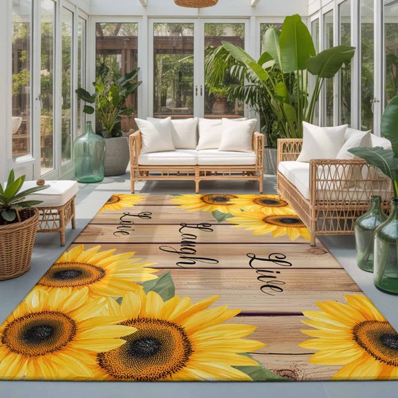 Rectangle Area Rug 6x9ft,Farmhouse Sunflower Retro Board Living Room Rug Non-Slip Washable Circle Rugs Pad,Summer Floral Seamless Soft Floor Carpet for Bedroom Dining Room