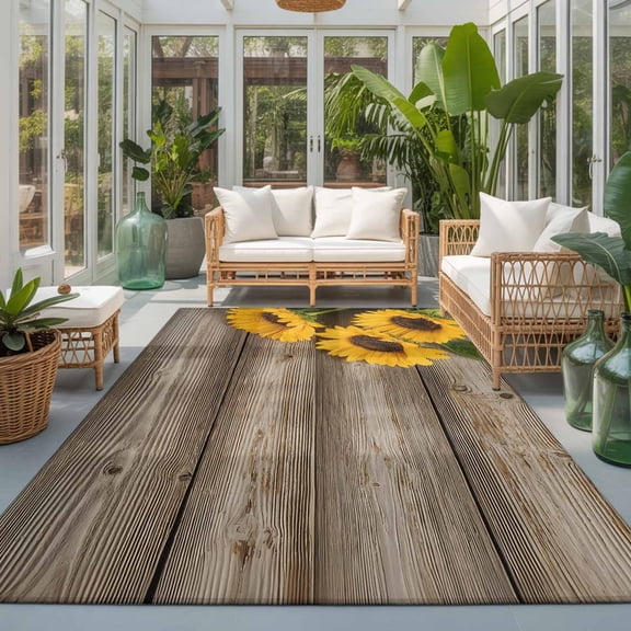 Rectangle Area Rug 6x9ft,Farmhouse Sunflower Retro Wood Living Room Rug Non-Slip Washable Circle Rugs Pad,Brown Wooden Plank Soft Floor Carpet for Bedroom Dining Room