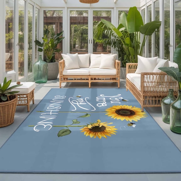 Rectangle Area Rug 6x9ft,Farmhouse Watercolor Sunflower with You Are My Sunshine Living Room Rug Non-Slip Washable Circle Rugs Pad,Blue Soft Floor Carpet for Bedroom Dining Room