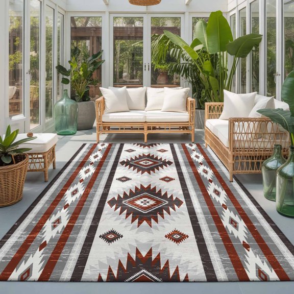 Rectangle Area Rug 6x9ft,Gray Red Boho Aztec Geometric Living Room Rug Non-Slip Washable Circle Rugs Pad,Abstract Ethnic Wind Soft Floor Carpet for Bedroom Dining Room