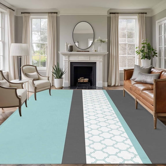 Rectangle Area Rug 6x9ft,Morocco Plaid Teal Stripes Washable Carpet Non-Slip Runner Accent Rugs Indoor Floor Mat for Bedroom Living Room Decor,Abstract Geometric Stitching