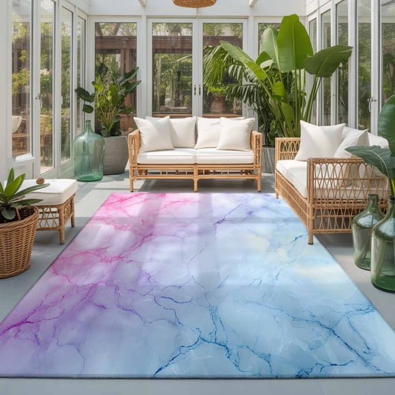 Rectangle Area Rug 6x9ft,Natural Marble Agate Stone Texture Living Room Rug Non-Slip Washable Circle Rugs Pad,Pink Blue Gradient Soft Floor Carpet for Bedroom Dining Room