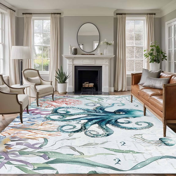 Rectangle Area Rug 6x9ft,Octopus Sea Monster Coral Seaweed Washable Carpet Non-Slip Runner Accent Rugs Indoor Floor Mat for Bedroom Living Room Decor,Blue Ocean World