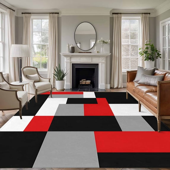 Rectangle Area Rug 6x9ft,Red Gray Color Block Washable Carpet Non-Slip Runner Accent Rugs Indoor Floor Mat for Bedroom Living Room Decor,Modern Minimalist Style