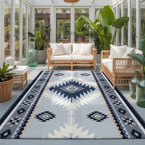 Rectangle Area Rug 6x9ft,Retro Bohemian Geometric Pattern Living Room Rug Non-Slip Washable Circle Rugs Pad,Southwest Ethnic Wind Soft Floor Carpet for Bedroom Dining Room