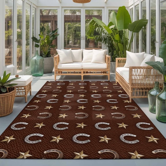 Rectangle Area Rug 6x9ft,Retro Western Horse-footed Iron on Brown Living Room Rug Non-Slip Washable Circle Rugs Pad,Yellow Star Soft Floor Carpet for Bedroom Dining Room