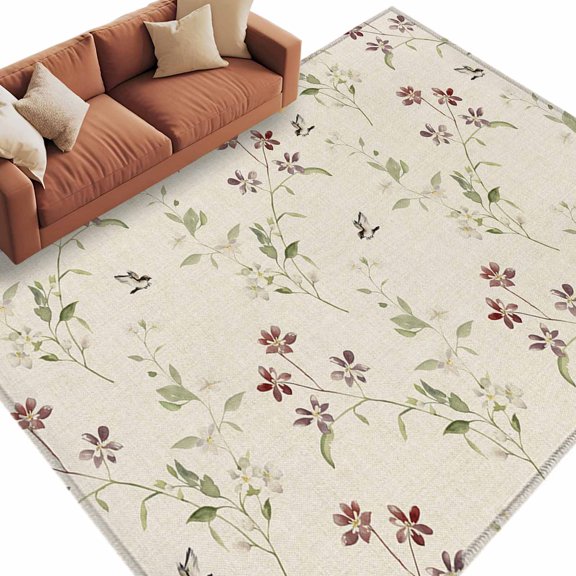 Rectangle Area Rug 6x9ft,Spring Blossom Flower on Burlap Washable Carpet Non-Slip Runner Accent Rugs Indoor Floor Mat for Bedroom Living Room Decor,Watercolor Green Leaves