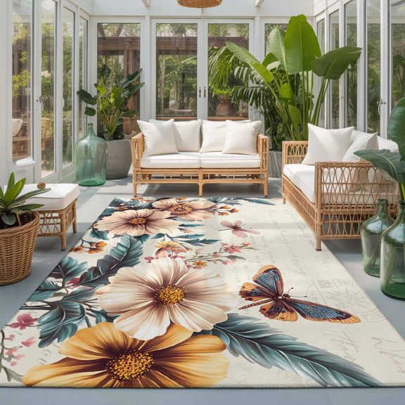Rectangle Area Rug 6x9ft,Spring Classic Flower Butterfly Living Room Rug Non-Slip Washable Circle Rugs Pad,Farm Plant Vintage Stamp Soft Floor Carpet for Bedroom Dining Room