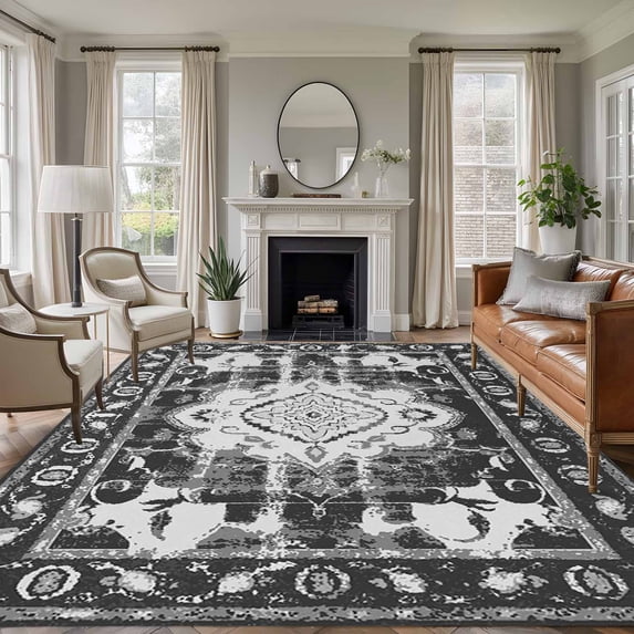 Rectangle Area Rug 6x9ft,Traditional Abstract Ethnic Floral Washable Carpet Non-Slip Runner Accent Rugs Indoor Floor Mat for Bedroom Living Room Decor,Tribal Retro Black Gray
