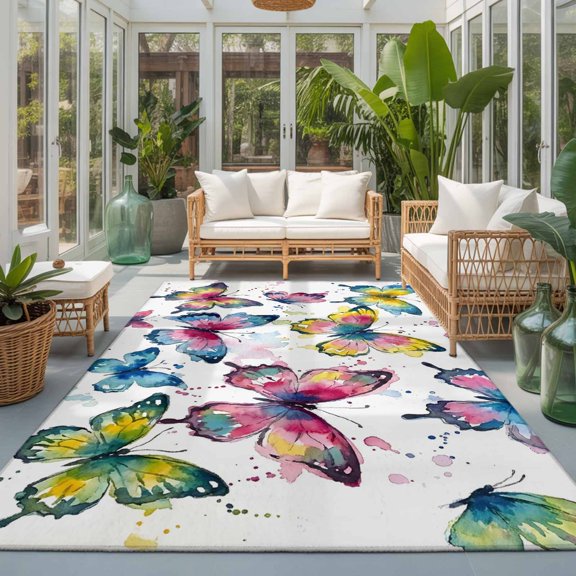 Rectangle Area Rug 6x9ft,Watercolor Butterfly Living Room Rug Non-Slip Washable Circle Rugs Pad,Spring Colorful Butterflies Soft Floor Carpet for Bedroom Dining Room