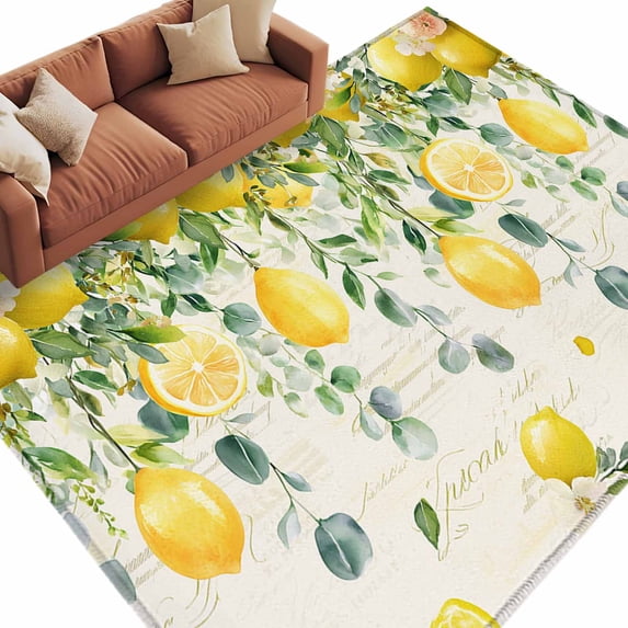 Rectangle Area Rug 6x9ft,Watercolor Farm Lemon Flower Washable Carpet Non-Slip Runner Accent Rugs Indoor Floor Mat for Bedroom Living Room Decor,Retro Summer Fruit on Paper
