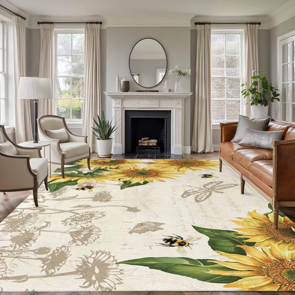 Rectangle Area Rug 6x9ft,Watercolor Sunflower Bee Dragonfly Washable Carpet Non-Slip Runner Accent Rugs Indoor Floor Mat for Bedroom Living Room Decor,Country Floral Retro Letter