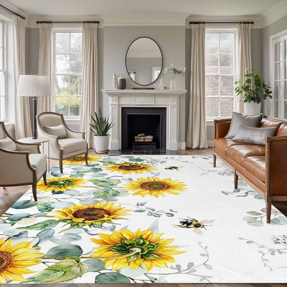 Rectangle Area Rug 6x9ft,Watercolor Sunflower Green Eucalyptus Leaves Washable Carpet Non-Slip Runner Accent Rugs Indoor Floor Mat for Bedroom Living Room Decor,Farm Plant on White