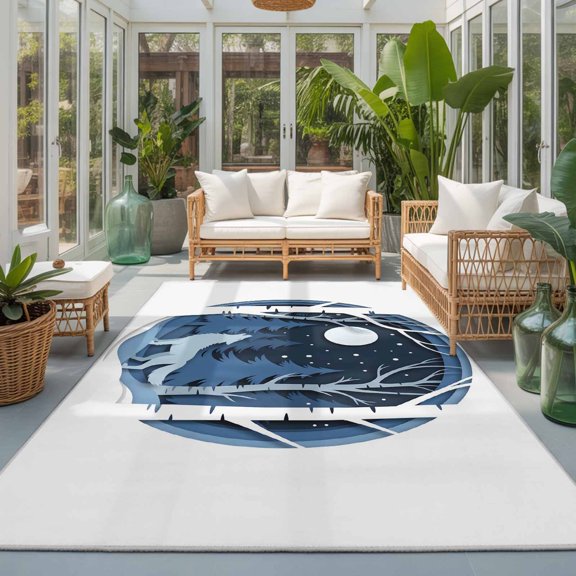 Rectangle Area Rug 6x9ft,Winter Wolves Blue Pine Tree Forest Living Room Rug Non-Slip Washable Circle Rugs Pad,Winter Snowflakes Soft Floor Carpet for Bedroom Dining Room