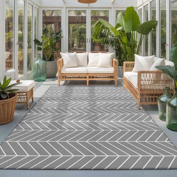 Rectangle Area Rug 8x10ft,Abstract Gray White Herringbone Texture Living Room Rug Non-Slip Washable Circle Rugs Pad,Chevron Pattern Soft Floor Carpet for Bedroom Dining Room