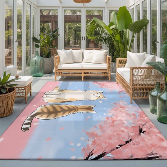 Rectangle Area Rug 8x10ft,Japanese Cute Cats Living Room Rug Non-Slip Washable Circle Rugs Pad,Pink Cherry Blossoms Soft Floor Carpet for Bedroom Dining Room
