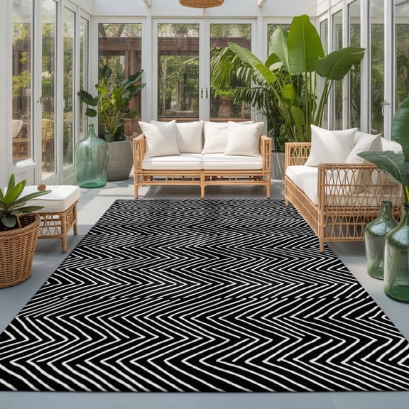 Rectangle Area Rug 8x10ft,Modern Black Oblique Stripe Living Room Rug Non-Slip Washable Circle Rugs Pad,Abstract Herringbone Art Soft Floor Carpet for Bedroom Dining Room