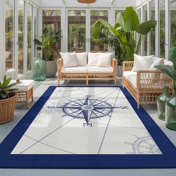 Rectangle Area Rug 8x10ft,Nautical Vintage Compass Rudder Living Room Rug Non-Slip Washable Circle Rugs Pad,Blue Line on Map Soft Floor Carpet for Bedroom Dining Room