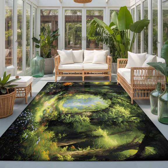 Rectangle Area Rug 8x10ft,Spring Watercolor Green Leaves Flower Living Room Rug Non-Slip Washable Circle Rugs Pad,Forest Sunshine Soft Floor Carpet for Bedroom Dining Room