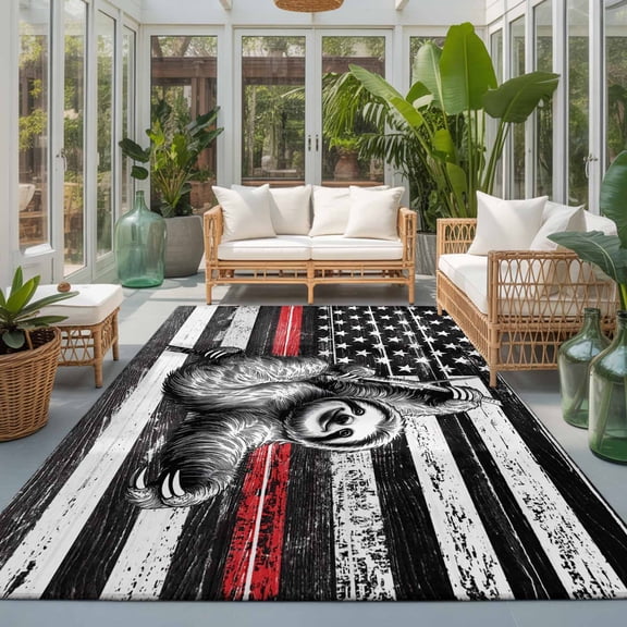 Rectangle Area Rug 8x10ft,USA Flag Red Line Firefighter with Sloth Living Room Rug Non-Slip Washable Circle Rugs Pad,Wooden Texture Soft Floor Carpet for Bedroom Dining Room