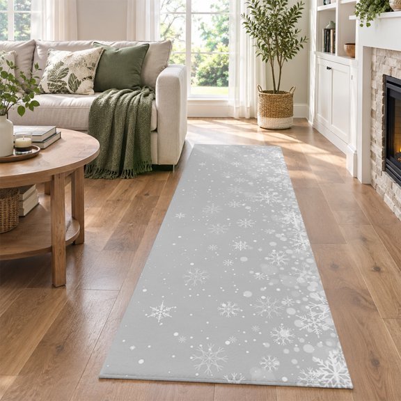 Rectangle Area Rug Washable Rugs-2x6ft,Merry Christmas Winter Snow Seamless Low Pile Non Slip Rug White Snowflakes on Gray Soft Circle Floor Carpet for Home Living Room Bedroom