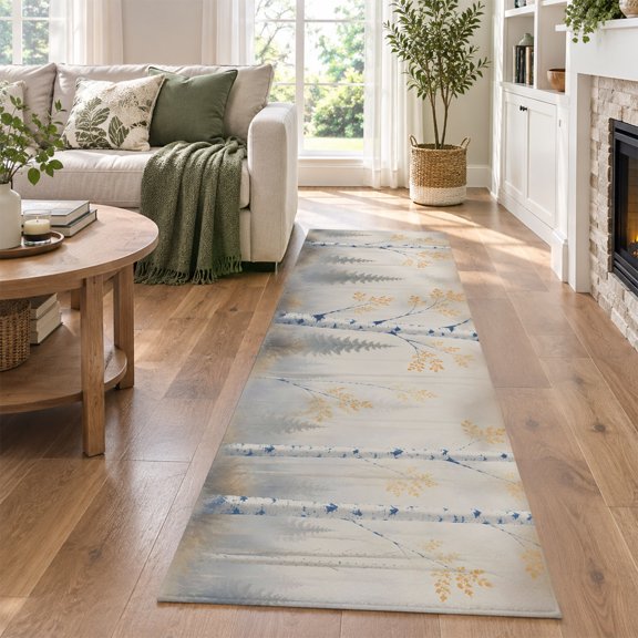 Rectangle Area Rug Washable Rugs-2x6ft,Winter Birch Tree Leaves Low Pile Non Slip Rug Vintage Country Soft Circle Floor Carpet for Home Living Room Bedroom