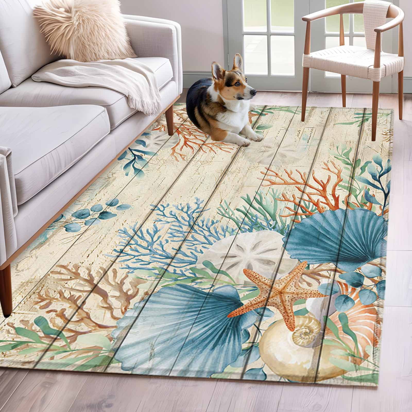 Rectangle Area Rugs 2.7 x 5 Ft, Beige Beach Coastal Non-Slip Residential Carpet, Summer Nautical Coral Shell Botanical Vintage Indoor Crawling Mats Runner Rugs for Living Room/Dining Room/Bedroom