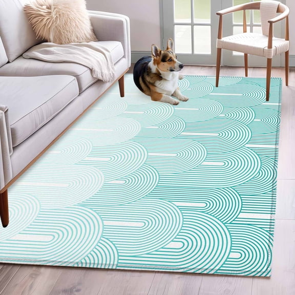 Rectangle Area Rugs 2.7 x 5 Ft, Blue Ombre Non-Slip Residential Carpet, Farmhouse Stripes Modern Abstract Art Indoor Crawling Mats Runner Rugs for Living Room/Dining Room/Bedroom