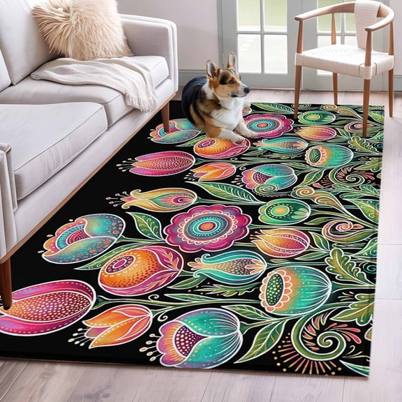 Rectangle Area Rugs 2.7 x 5 Ft, Boho Tulip Flower Non-Slip Residential Carpet, Spring Watercolor Abstract Floral Plant Indoor Crawling Mats Runner Rugs for Living Room/Dining Room/Bedroom