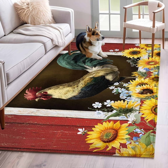 Rectangle Area Rugs 2.7 x 5 Ft, Chicken Sunflowers Non-Slip Residential Carpet, Farmhouse Animals Red Barn Bees Indoor Crawling Mats Runner Rugs for Living Room/Dining Room/Bedroom