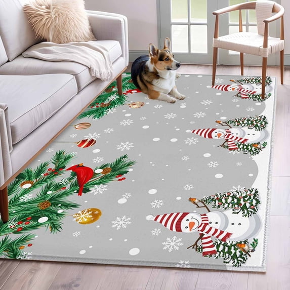 Rectangle Area Rugs 2.7 x 5 Ft, Christmas Grey Non-Slip Residential Carpet, Xmas Snowman Birds on Pine Branch Snowflake Indoor Crawling Mats Runner Rugs for Living Room/Dining Room/Bedroom