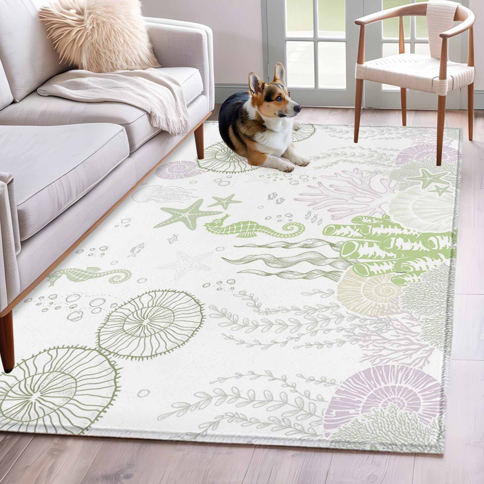 Rectangle Area Rugs 2.7 x 5 Ft, Coastal Sage Green Non-Slip Residential Carpet, Ocean Coral Starfish Jellyfish Indoor Crawling Mats Runner Rugs for Living Room/Dining Room/Bedroom