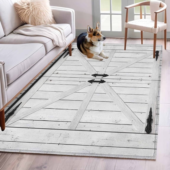 Rectangle Area Rugs 2.7 x 5 Ft, Farmhouse Wood Grain Non-Slip Residential Carpet, Vintage Country Barn Gate Grey Indoor Crawling Mats Runner Rugs for Living Room/Dining Room/Bedroom