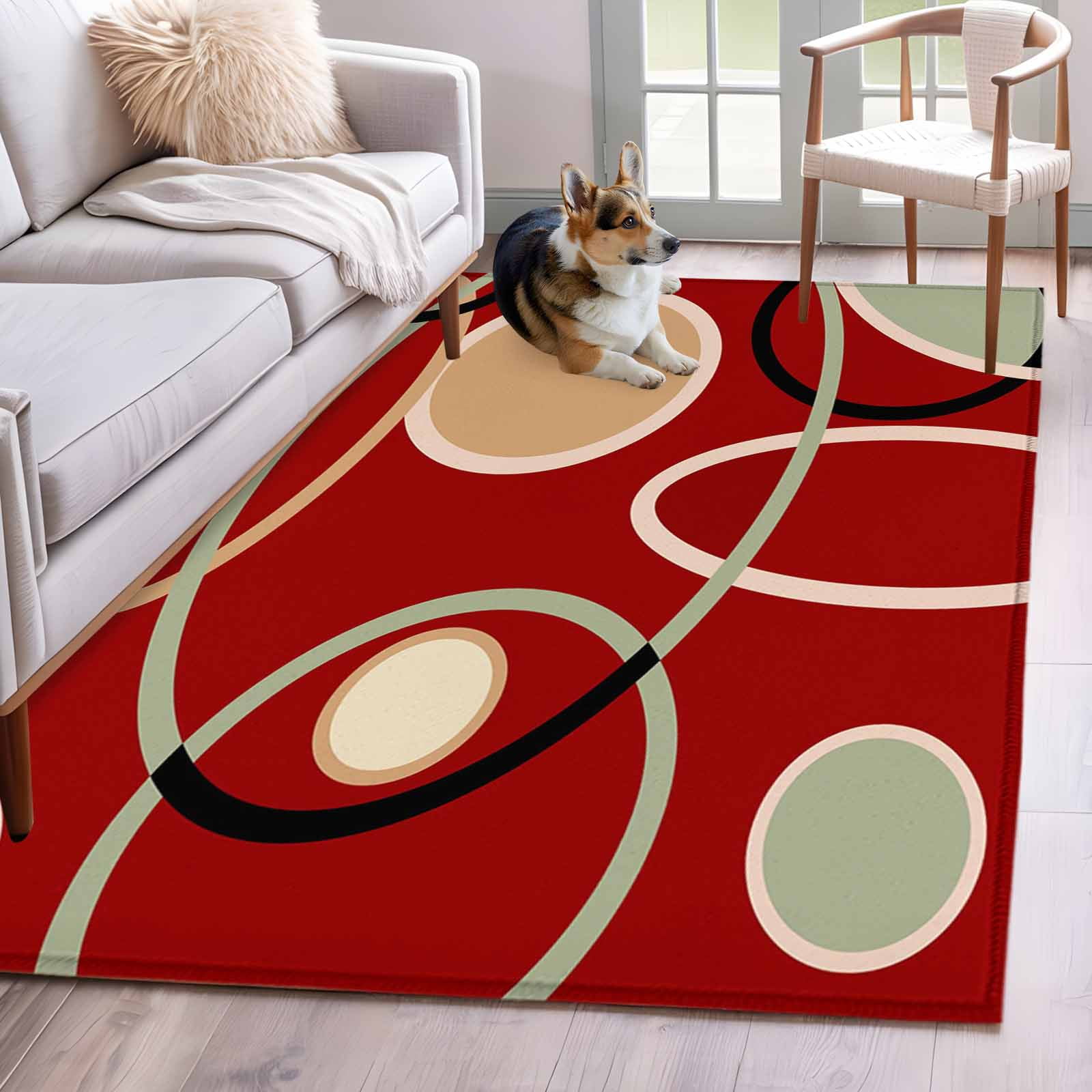 Rectangle Area Rugs 2.7 x 5 Ft, Geometric Red Non-Slip Residential Carpet, Boho Retro Abstract Circle Black Green Indoor Crawling Mats Runner Rugs for Living Room/Dining Room/Bedroom