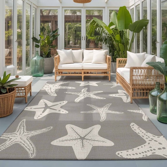 Rectangle Area Rugs 2.7 x 5 Ft, Grey Starfish Coastal Non-Slip Residential Carpet, Nautical Summer Ocean Abstract Art Indoor Crawling Mats Runner Rugs for Living Room/Dining Room/Bedroom