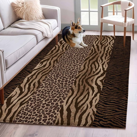Rectangle Area Rugs 2.7 x 5 Ft, Leopard Zebra Print Non-Slip Residential Carpet, Vintage Animal Skin Striped Brown Indoor Crawling Mats Runner Rugs for Living Room/Dining Room/Bedroom