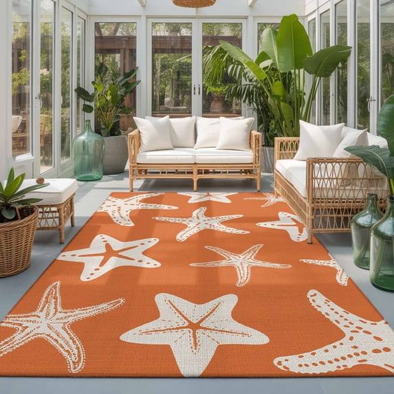 Rectangle Area Rugs 2.7 x 5 Ft, Orange Starfish Coastal Non-Slip Residential Carpet, Nautical Summer Ocean Abstract Art Indoor Crawling Mats Runner Rugs for Living Room/Dining Room/Bedroom