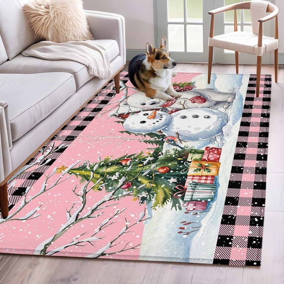 Rectangle Area Rugs 2.7 x 5 Ft, Pink Christmas Non-Slip Residential Carpet, Xmas Tree Snowman Bear Snowfall Plaid Indoor Crawling Mats Runner Rugs for Living Room/Dining Room/Bedroom