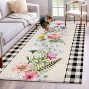 Rectangle Area Rugs 2.7 x 5 Ft, Pink Spring Floral Non-Slip Residential Carpet, Black White Plaid Pastoral Flowers Rustic Indoor Crawling Mats Runner Rugs for Living Room/Dining Room/Bedroom