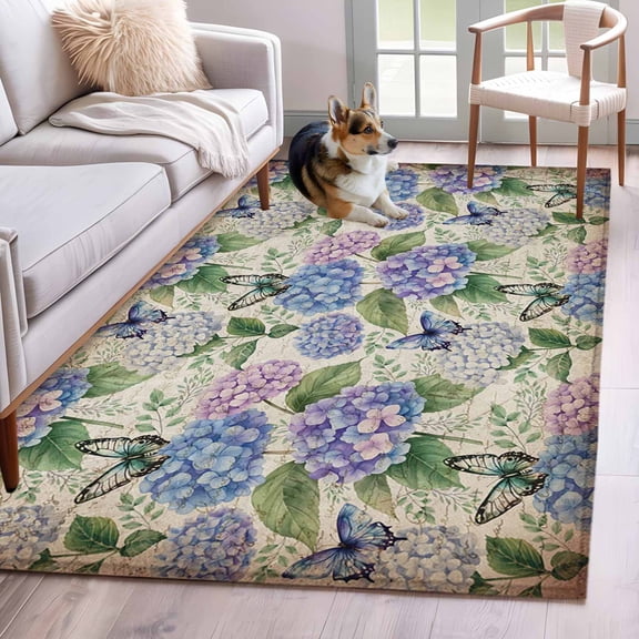 Rectangle Area Rugs 2.7 x 5 Ft, Purple Hydrangea Non-Slip Residential Carpet, Spring Floral Elegant Pastoral Vintage Indoor Crawling Mats Runner Rugs for Living Room/Dining Room/Bedroom