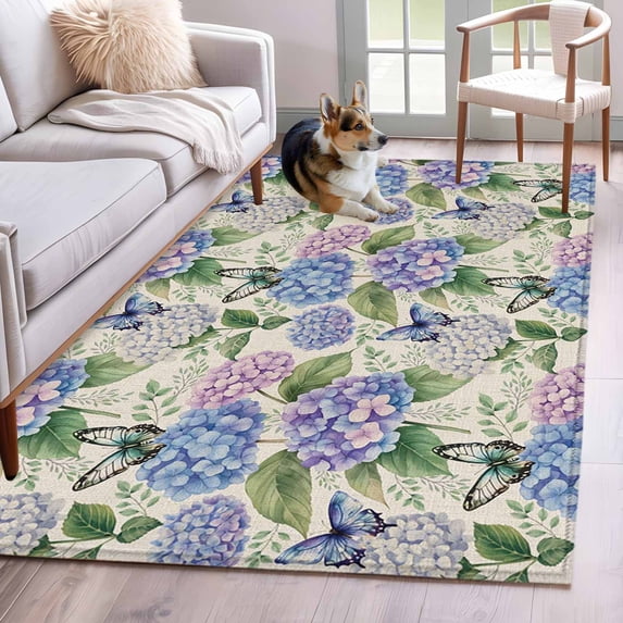 Rectangle Area Rugs 2.7 x 5 Ft, Purple Hydrangea Non-Slip Residential Carpet, Spring Floral Elegant Pastoral Watercolor Indoor Crawling Mats Runner Rugs for Living Room/Dining Room/Bedroom