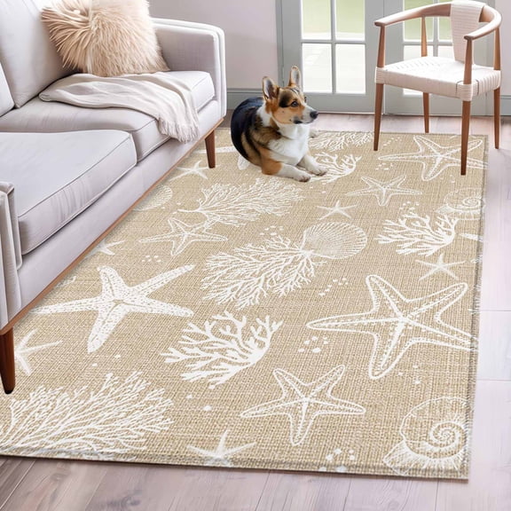 Rectangle Area Rugs 2.7 x 5 Ft, Rustic Coastal Non-Slip Residential Carpet, Sea Nautical Summer Beach Starfish Coral Indoor Crawling Mats Runner Rugs for Living Room/Dining Room/Bedroom