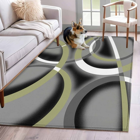 Rectangle Area Rugs 2.7 x 5 Ft, Sage Green Geometric Non-Slip Residential Carpet, Grey Retro Abstract Striped Art Indoor Crawling Mats Runner Rugs for Living Room/Dining Room/Bedroom