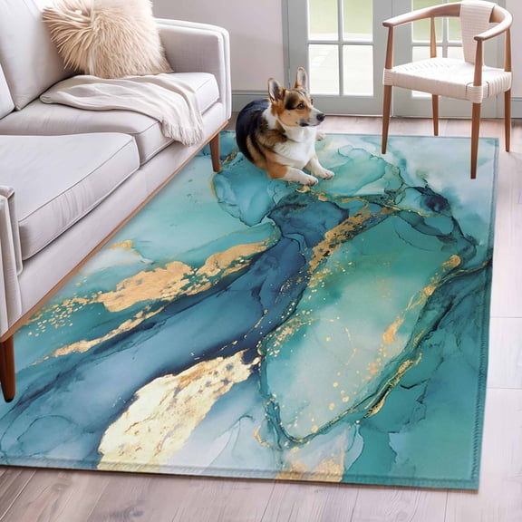 Rectangle Area Rugs 2.7 x 5 Ft, Turquoise Marble Non-Slip Residential Carpet, Abstract Minimalist Art Ombre Blue Indoor Crawling Mats Runner Rugs for Living Room/Dining Room/Bedroom