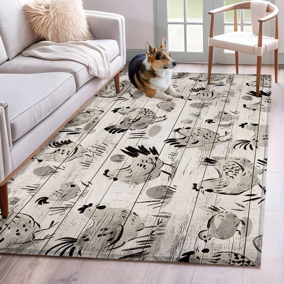 Rectangle Area Rugs 2.7 x 5 Ft, Vintage Rooster Farmhouse Non-Slip Residential Carpet, Grey Wooden Farm Animals Striped Indoor Crawling Mats Runner Rugs for Living Room/Dining Room/Bedroom
